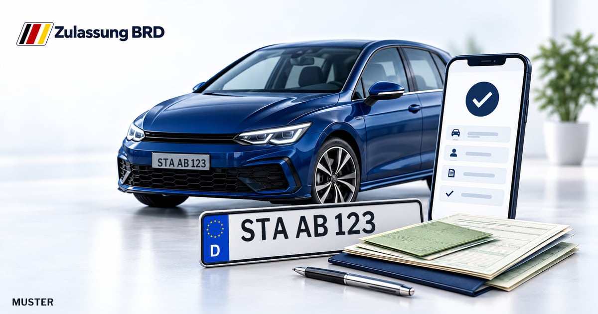 Online Fahrzeugzulassung in Gauting: Musterkennzeichen STA AB 123, Auto und Fahrzeugpapiere und Smartphone. Illustration mit Logo von Zulassung BRD.